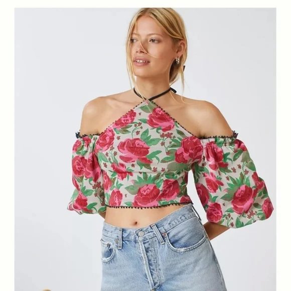 NWT Anthropologie Frida Off Shoulder Floral Halter Top in Rose Combo, XXS - Picture 1 of 13